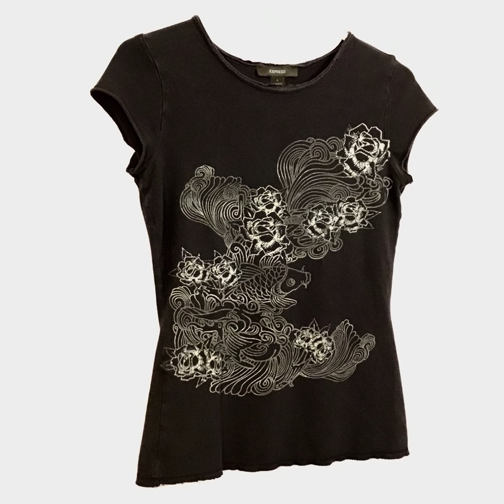 Koi Fish Waves & Roses Distressed Tee